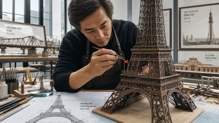 Nghệ nhân hoàn thiện mô hình Tháp Eiffel