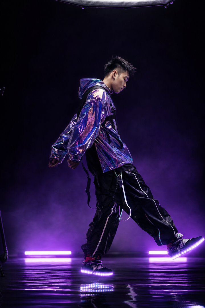 Nam mẫu streetwear cyberpunk ánh tím