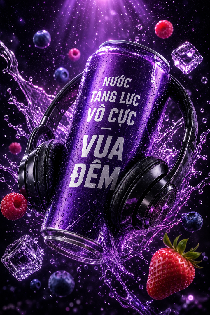 Lon nước tăng lực tím phong cách điện ảnh