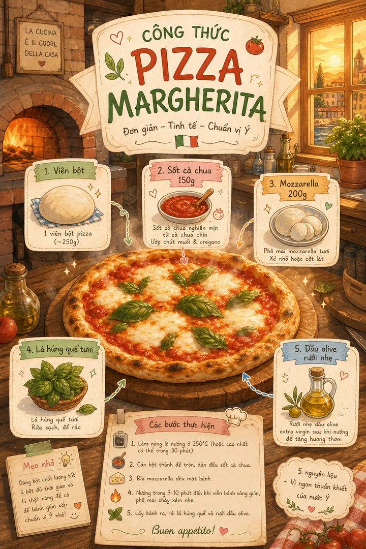 Công thức pizza Margherita minh họa bếp Ý ấm cúng