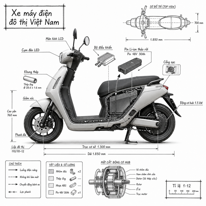 Xe máy điện đô thị Việt Nam dạng infographic kỹ thuật