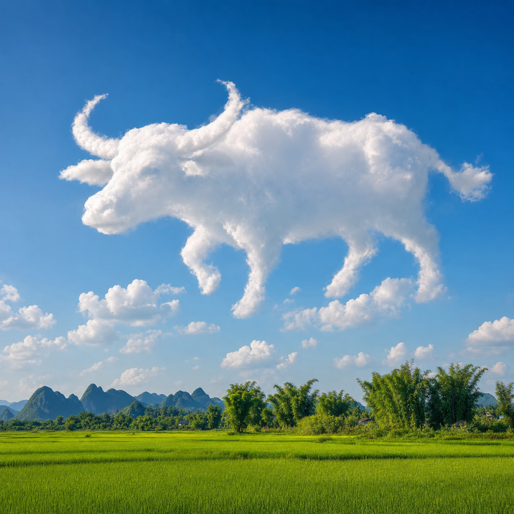 Mây hình trâu trên đồng lúa Việt Nam