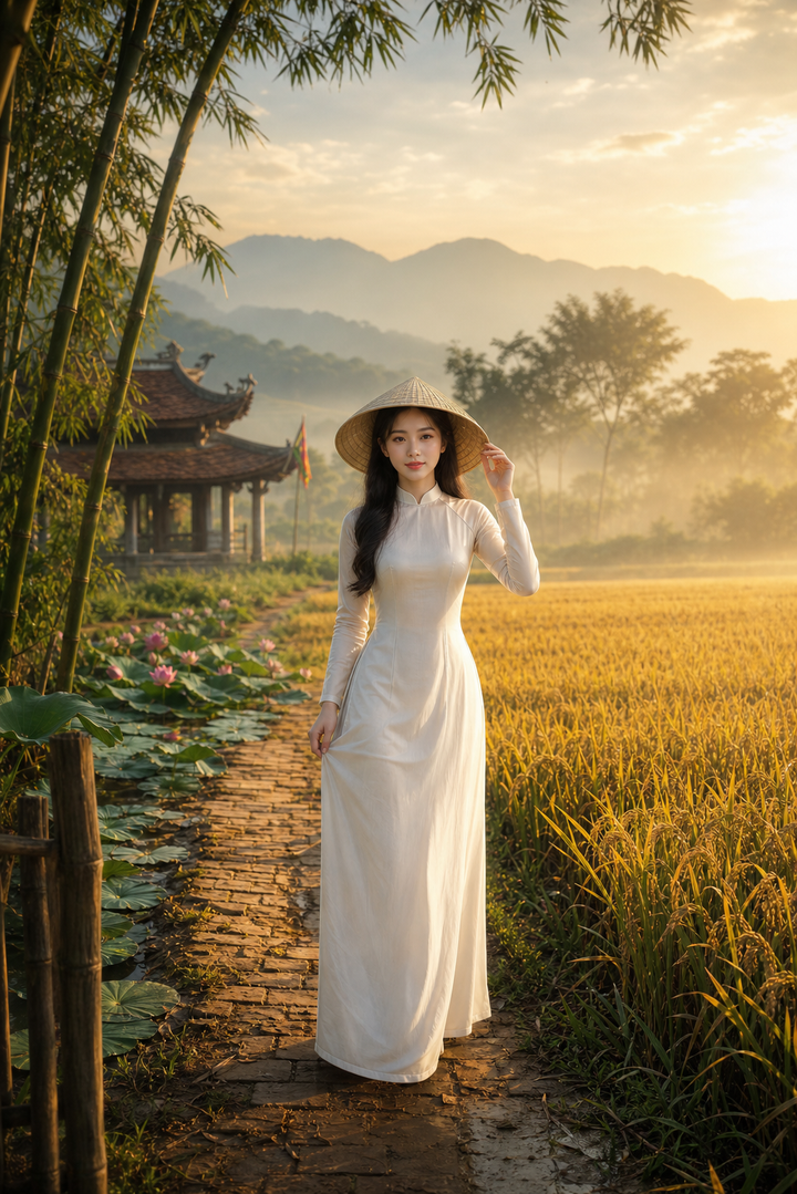 Thiếu nữ áo dài trắng bên đồng lúa lúc hoàng hôn