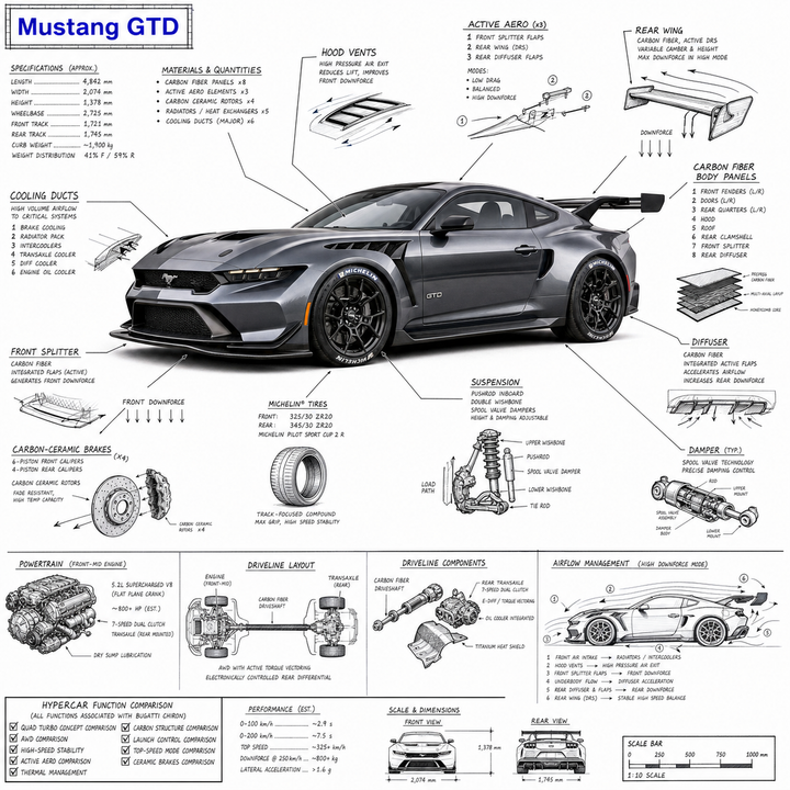 Mustang GTD dạng infographic kỹ thuật trên nền trắng