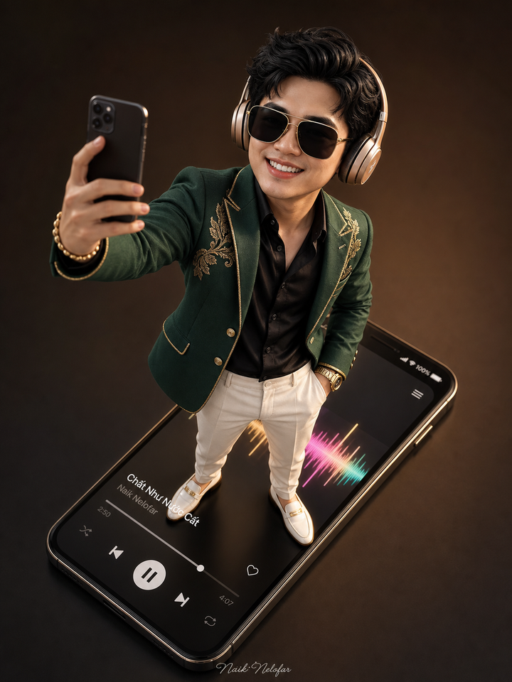 Nhân vật chibi 3D chụp selfie trên smartphone