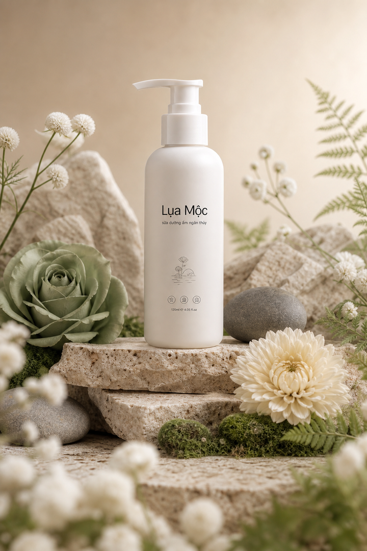 Chai dưỡng ẩm Lụa Mộc giữa đá và hoa