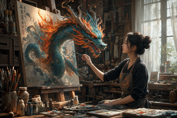 Họa sĩ vẽ rồng phương Đông trong xưởng ấm
