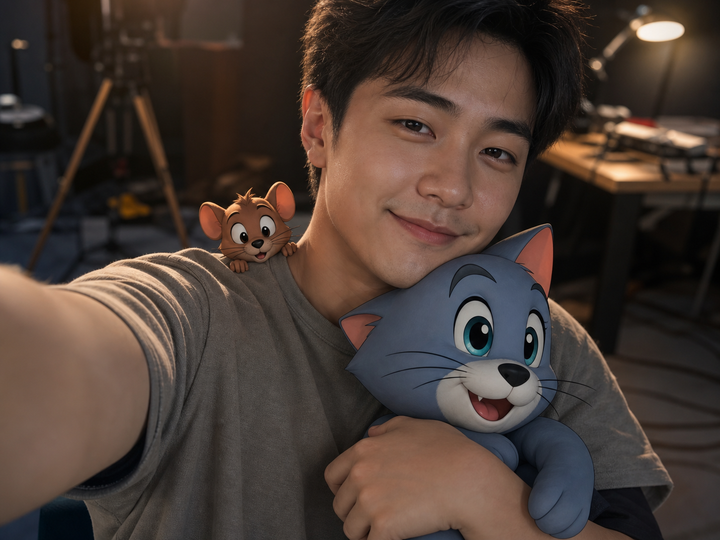 Selfie ôm mèo hoạt hình trong phim trường