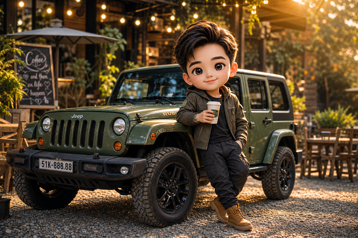 Nhân vật chibi bên xe Jeep tại quán cà phê