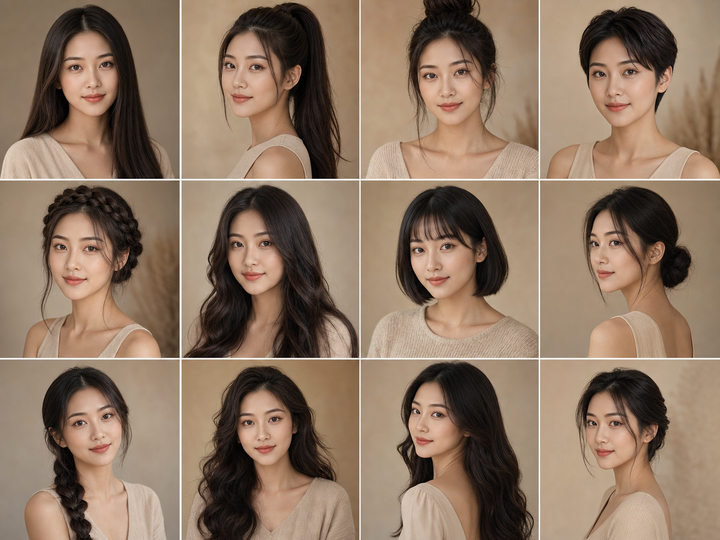 Kiểu tóc nữ trong collage chân dung studio ấm