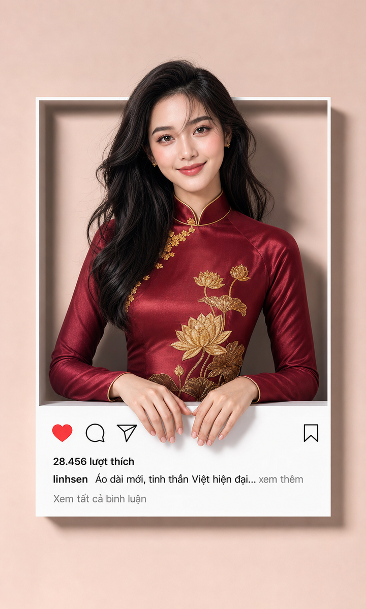 Áo dài cách tân đỏ trong khung Instagram 3D