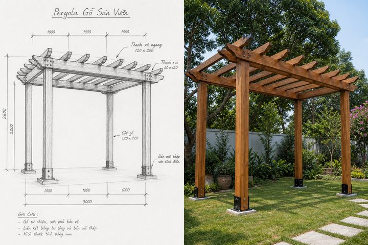Bản phác thảo và giàn pergola trong vườn