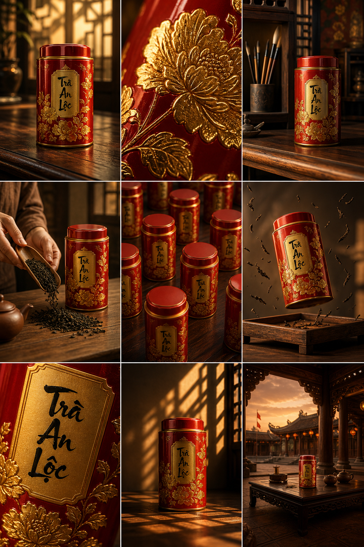 Hộp trà đỏ Trà An Lộc trong storyboard cao cấp