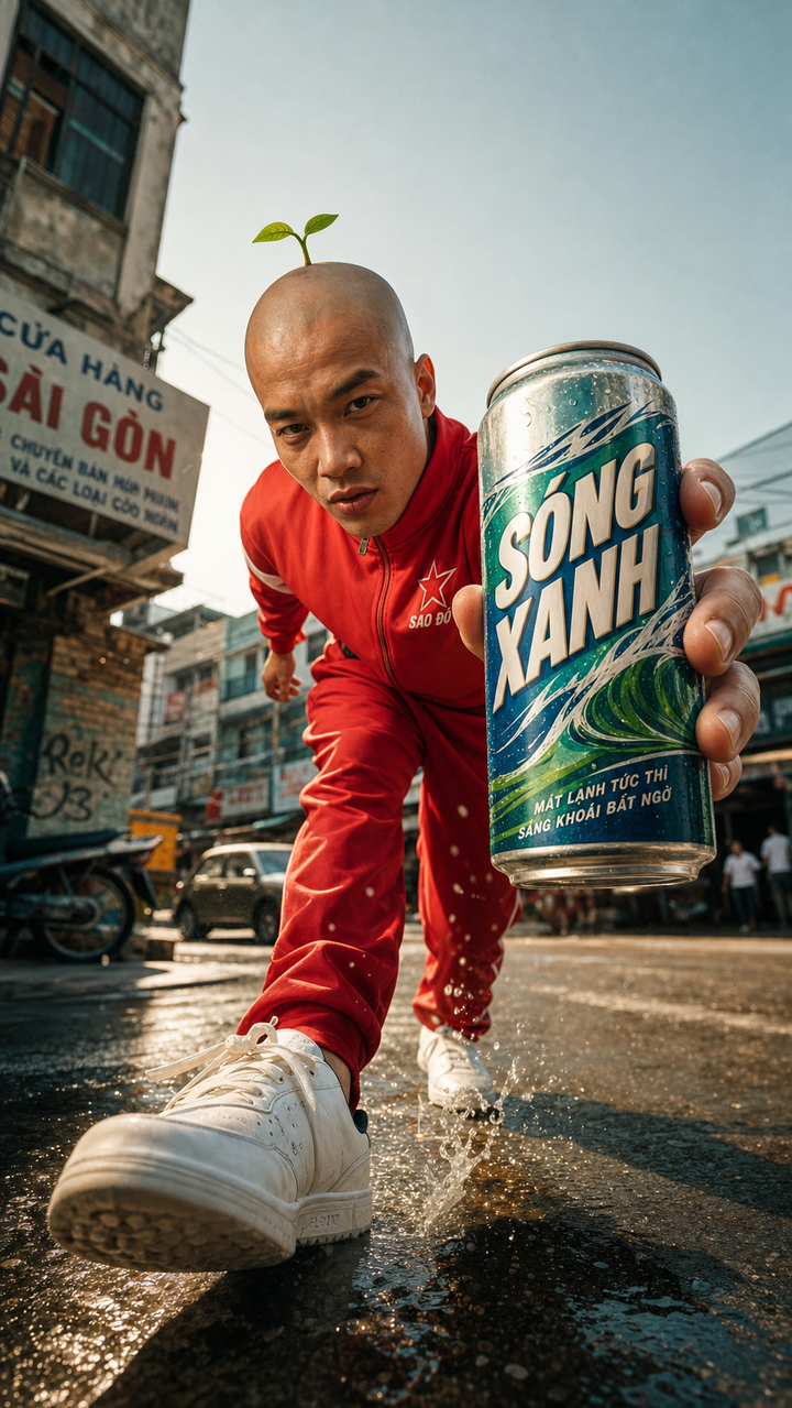 Lon nước ngọt Sóng Xanh trong ảnh quảng cáo đường phố
