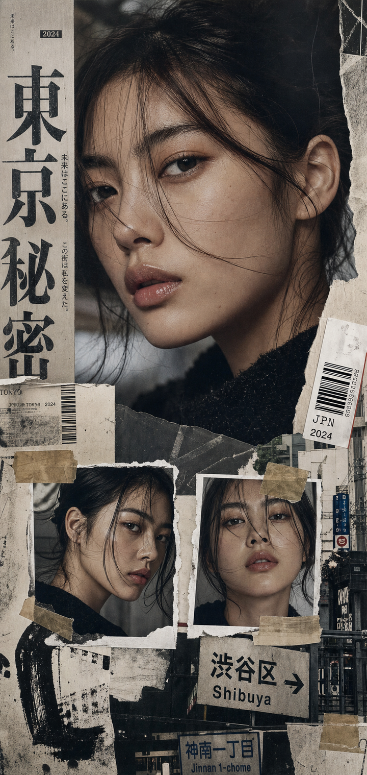 Poster collage chân dung nữ phong cách Tokyo grunge