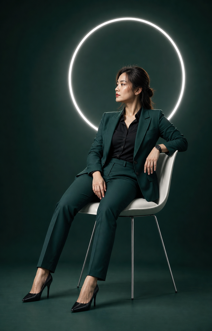Chân dung phụ nữ mặc suit xanh trong studio
