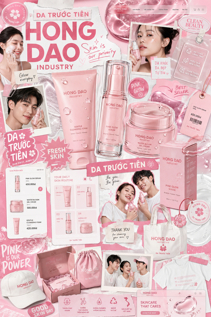 Mỹ phẩm Hong Dao Industry dạng moodboard hồng trẻ trung