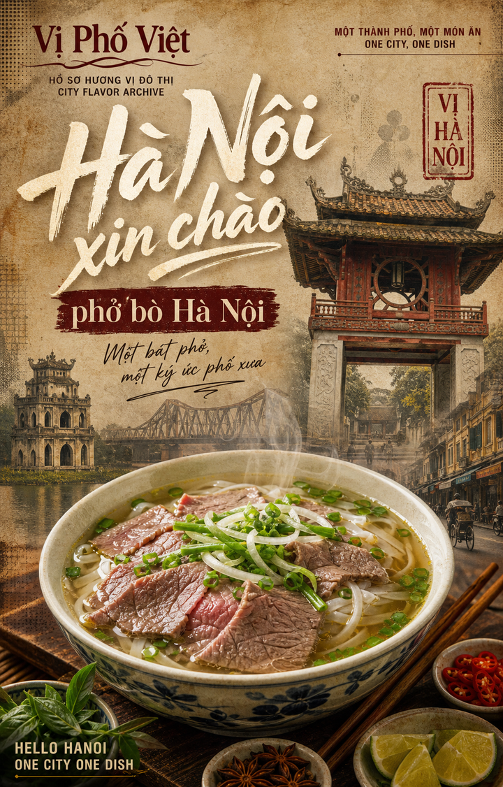 Phở bò Hà Nội trong poster retro Vị Phố Việt