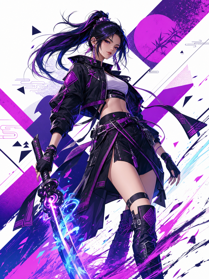 Nữ kiếm sĩ anime phong cách techwear tím đen