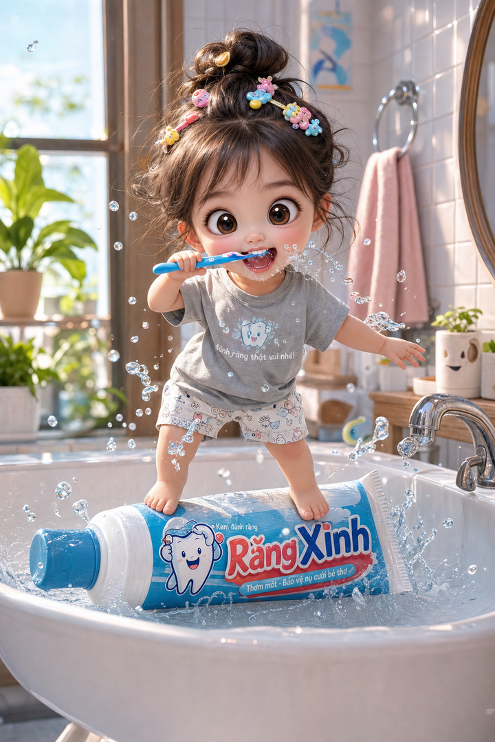Bé gái chibi đánh răng trong phòng tắm