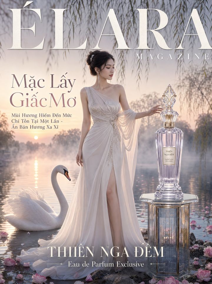 Bìa tạp chí nước hoa xa xỉ bên hồ sương mờ