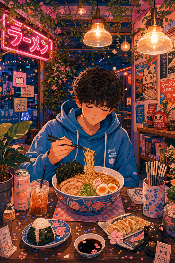 Quán ramen anime rực rỡ với chàng trai áo xanh