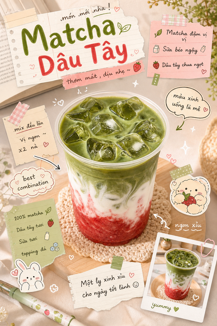 Matcha dâu tây đá phong cách scrapbook dễ thương
