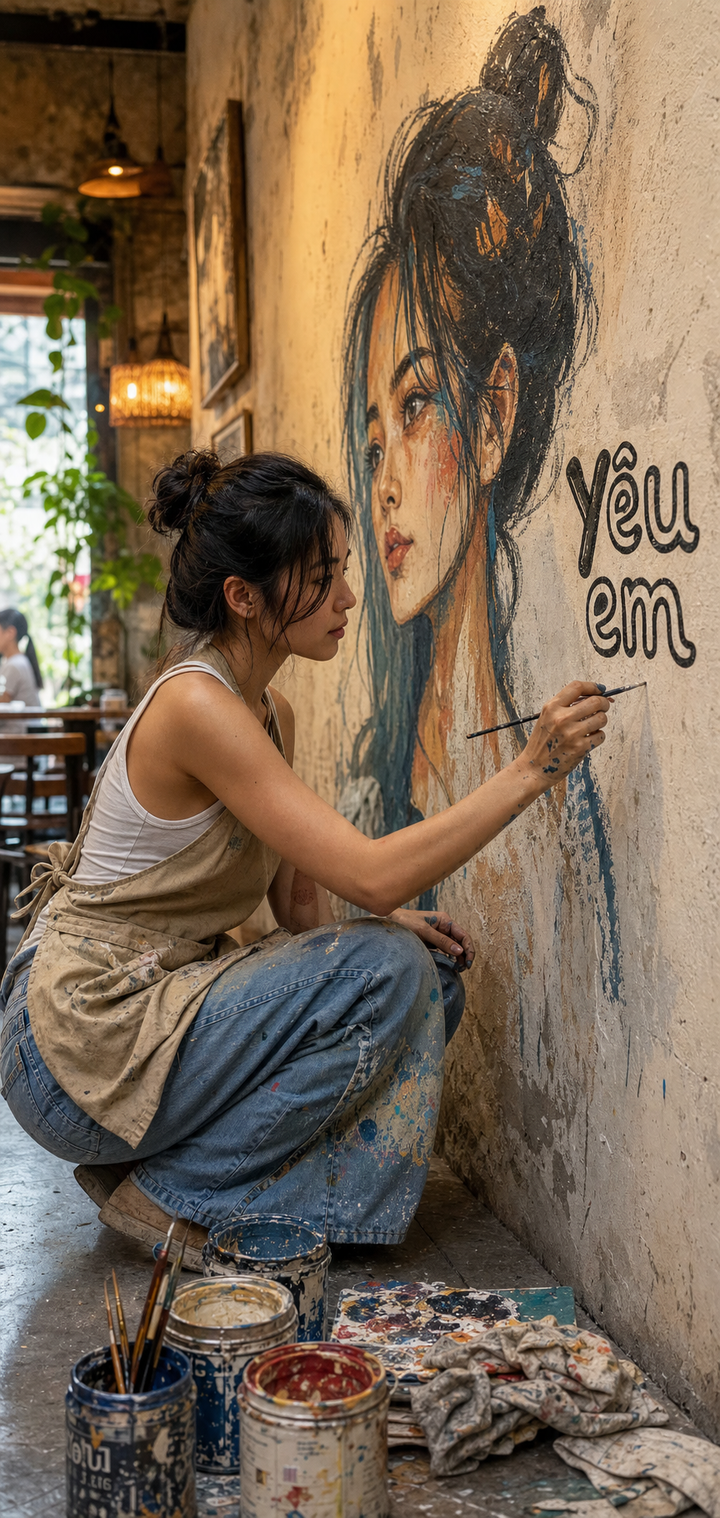 Phụ nữ vẽ mural trong quán cà phê phong cách editorial