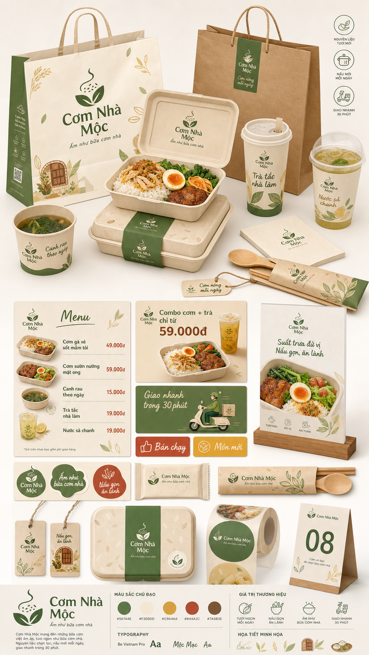 Bộ nhận diện bao bì Cơm Nhà Mộc
