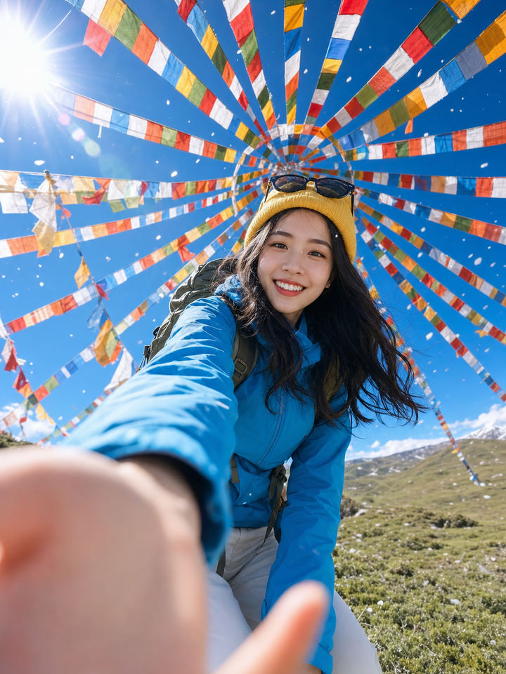 Selfie du lịch dưới cờ cầu nguyện vùng núi cao