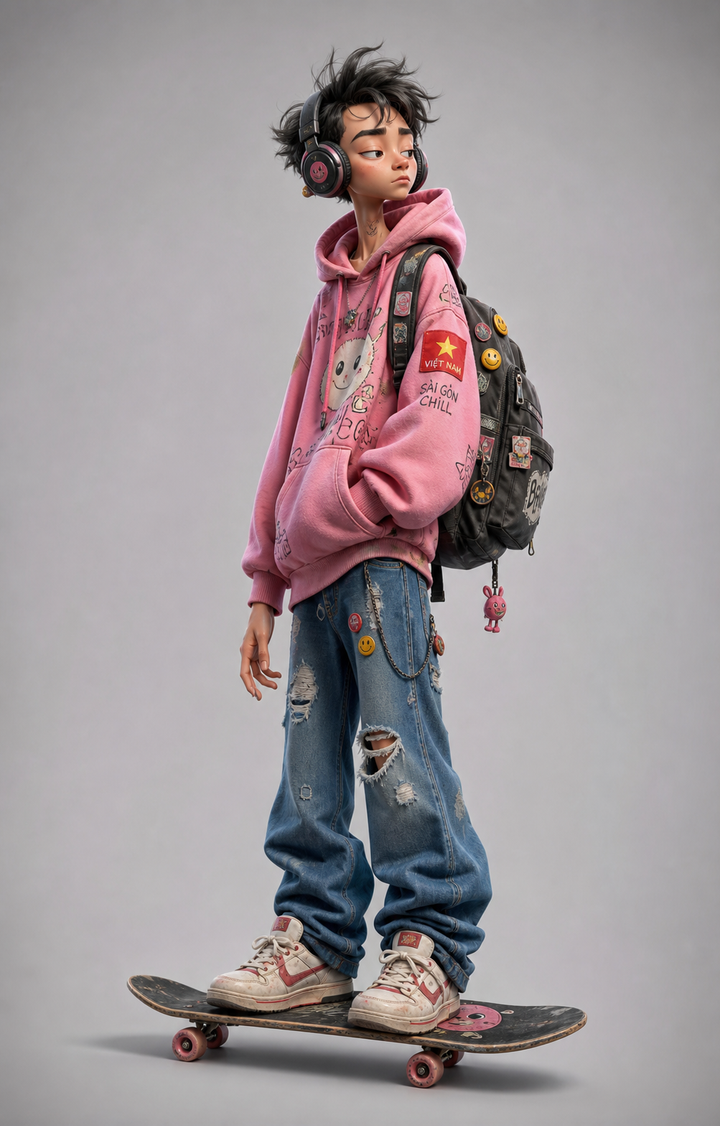 Nhân vật 3D skater mặc hoodie hồng streetwear