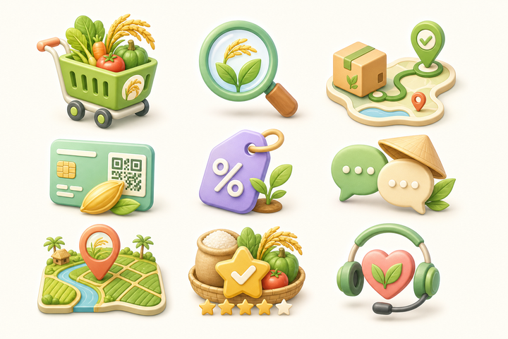 Icon nông sản 3D pastel cho ứng dụng Lúa Mới