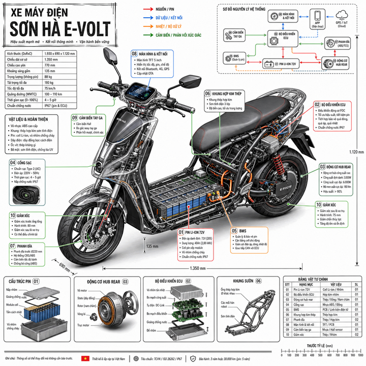 Xe máy điện Sơn Hà E-Volt dạng infographic kỹ thuật