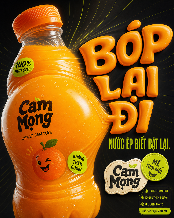 Chai nước cam 3D bóp méo trong poster neo-pop
