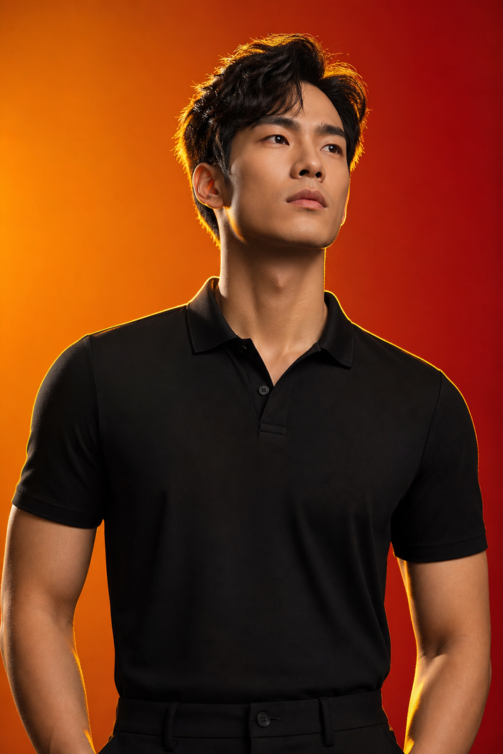 Chân dung nam áo polo đen trong studio đỏ cam