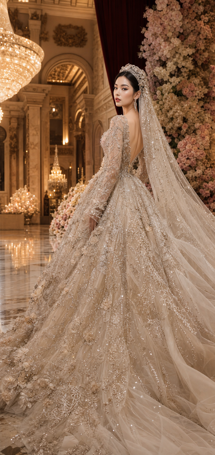 Váy cưới couture lộng lẫy trong ballroom xa hoa