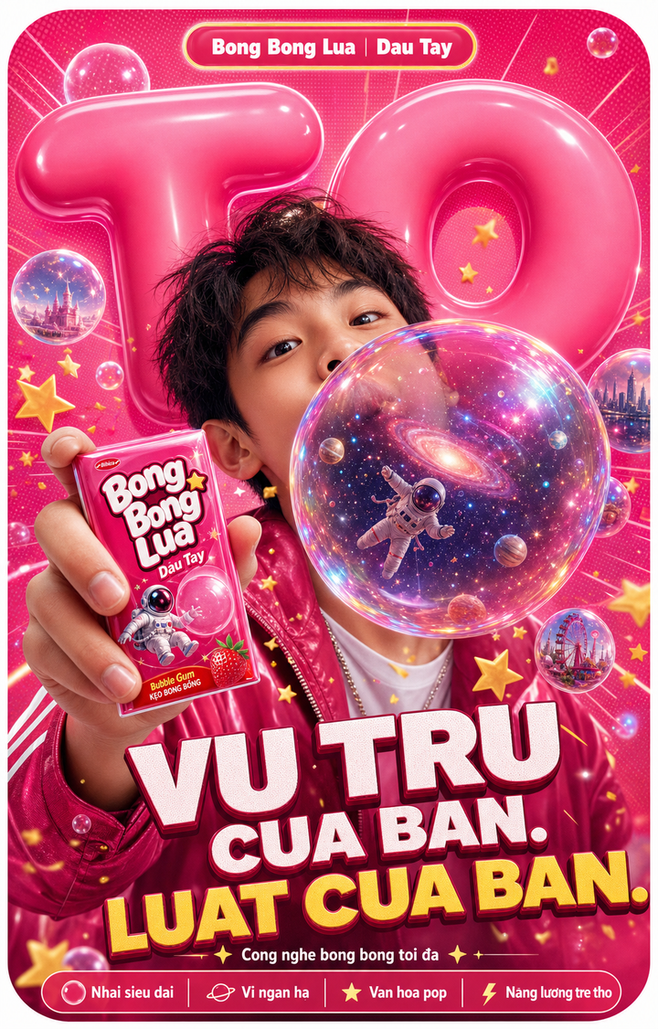 Poster kẹo gum hơi thở và vũ trụ bong bóng