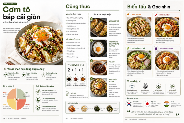 Cơm tô bắp cải giòn trong spread tạp chí ẩm thực