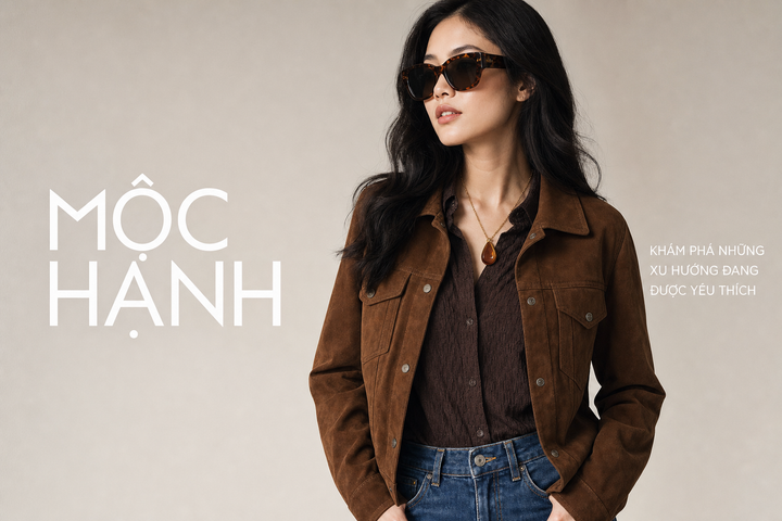 Chân dung thời trang nữ với áo khoác da lộn nâu