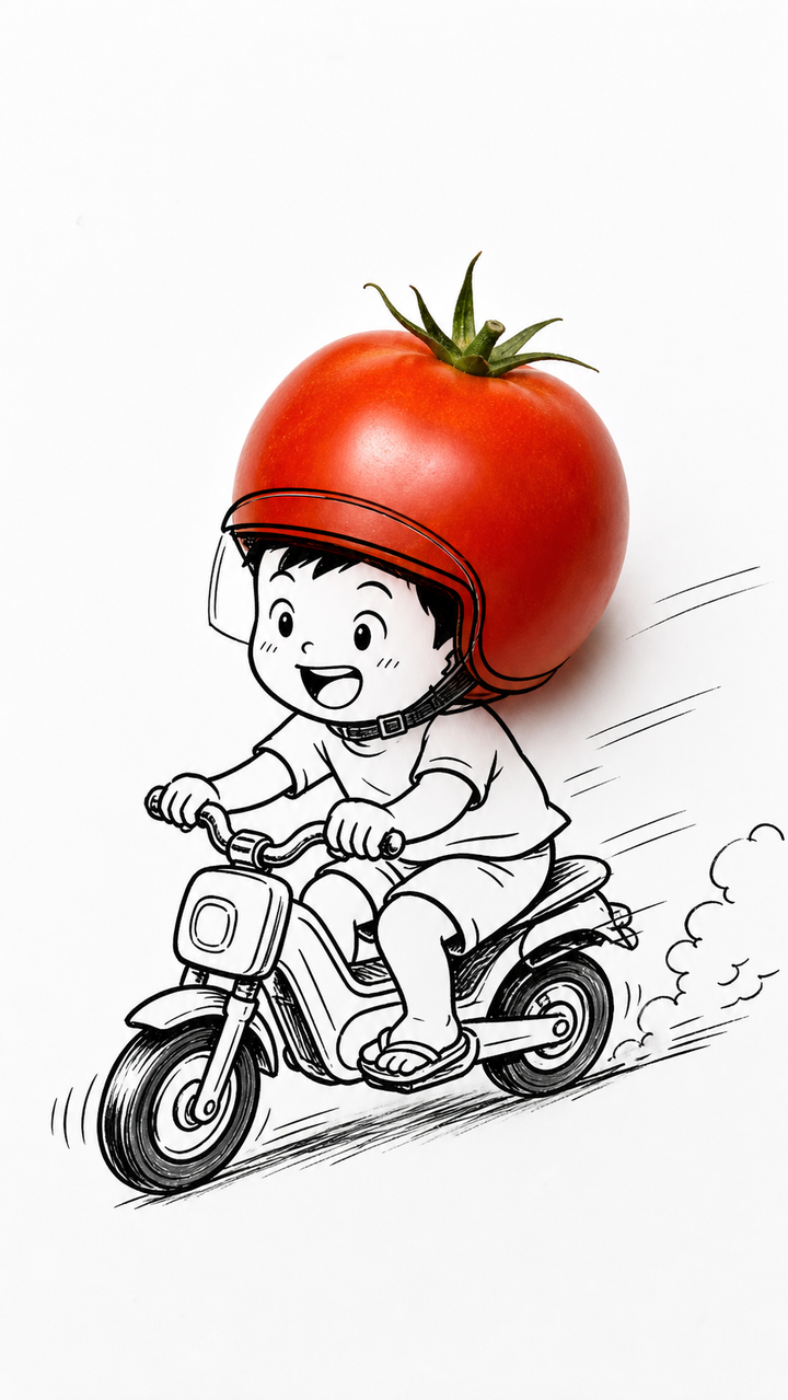 Cà chua đội đầu cậu bé lái xe máy nét vẽ doodle