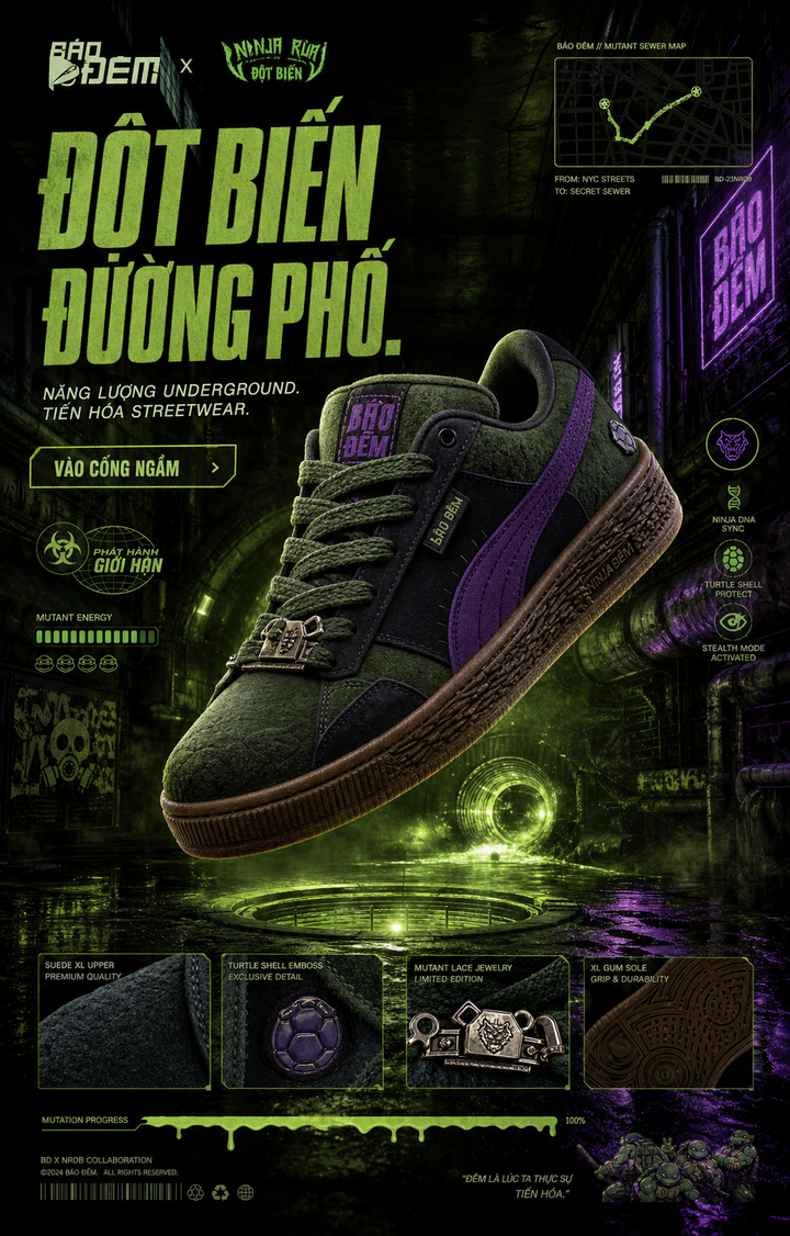 Poster quảng cáo sneaker xanh tím phong cách mutant