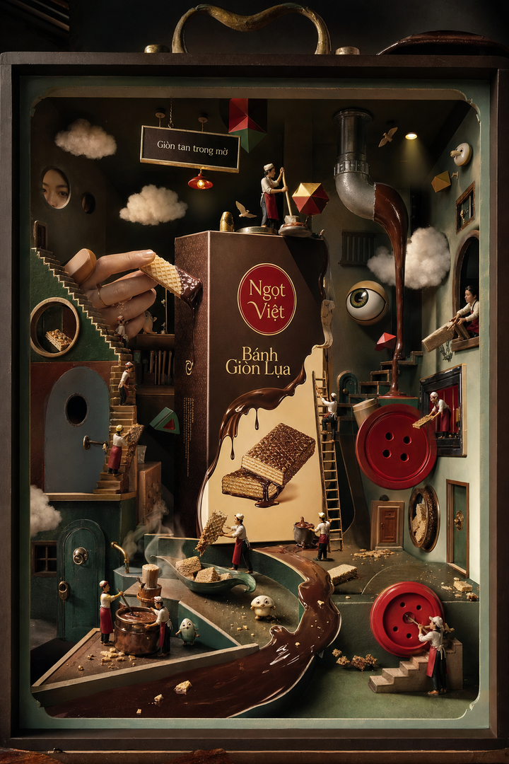 Bánh xốp socola trong hộp diorama siêu thực