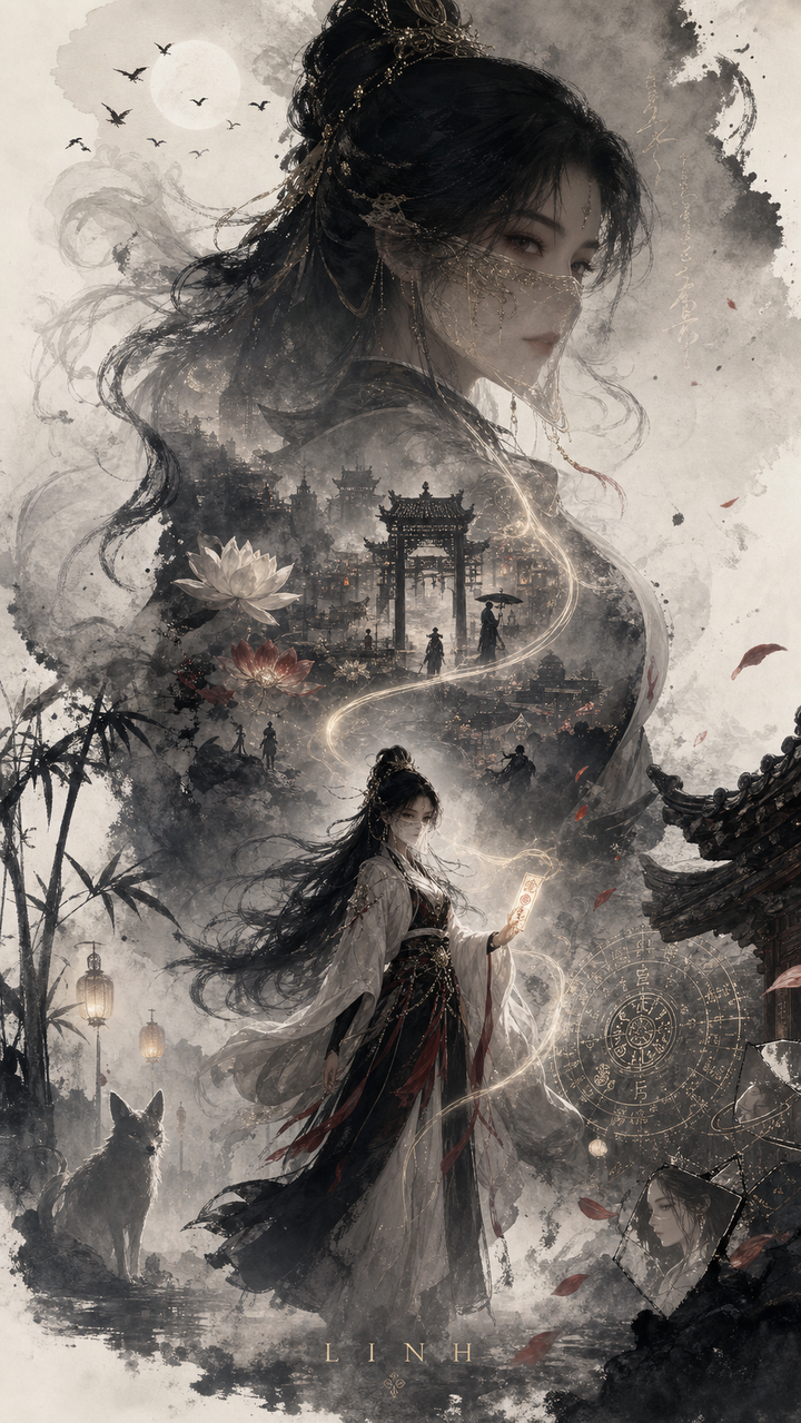 Cô gái cổ trang Linh trong poster mực loang