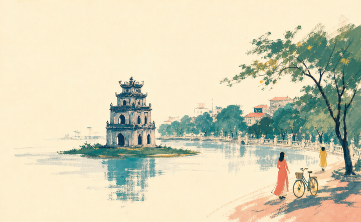 Tháp Rùa bên hồ trong tranh gouache