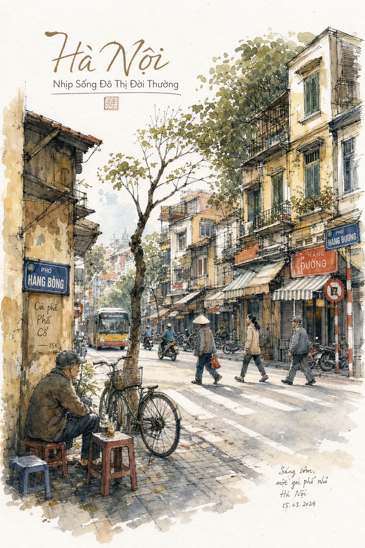 Phố cổ Hà Nội trong ký họa màu nước buổi sáng