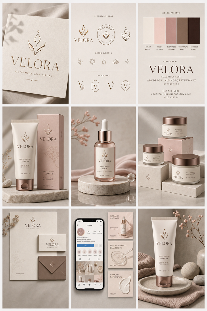 Nhận diện thương hiệu mỹ phẩm VELORA tối giản cao cấp