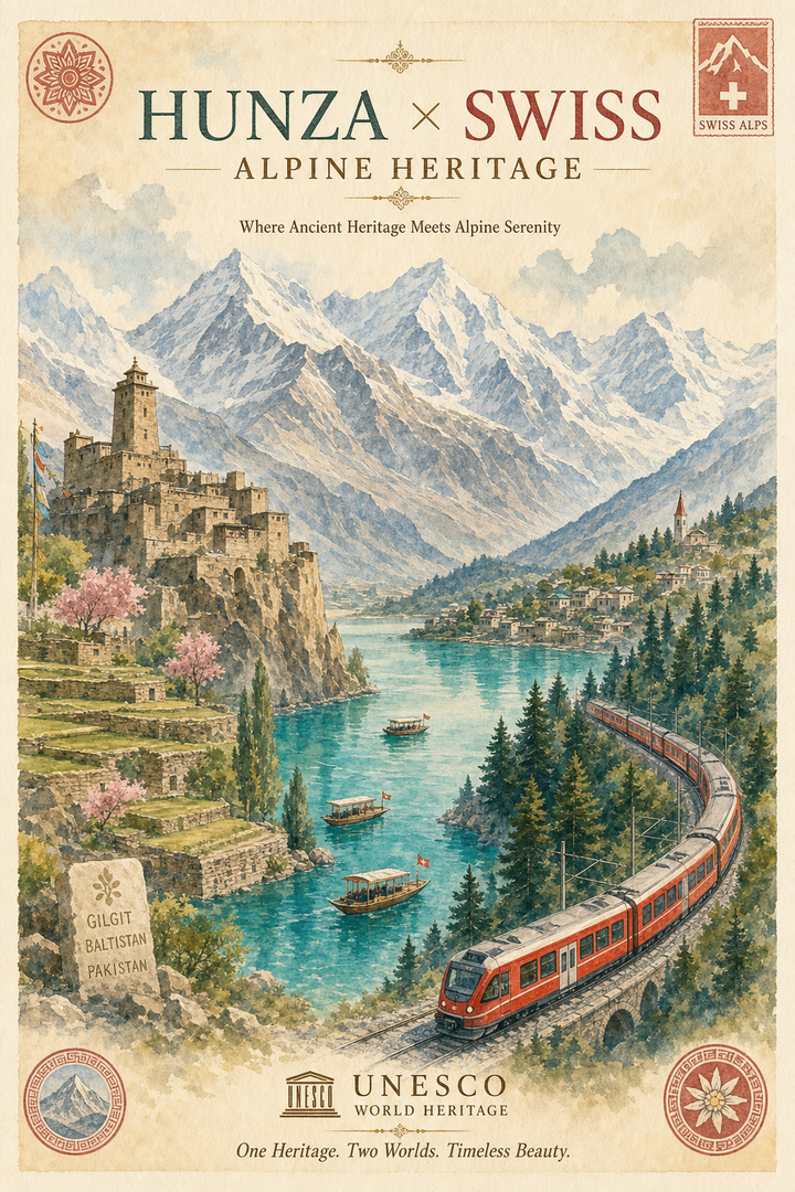 Poster du lịch Hunza Swiss màu nước giữa núi tuyết