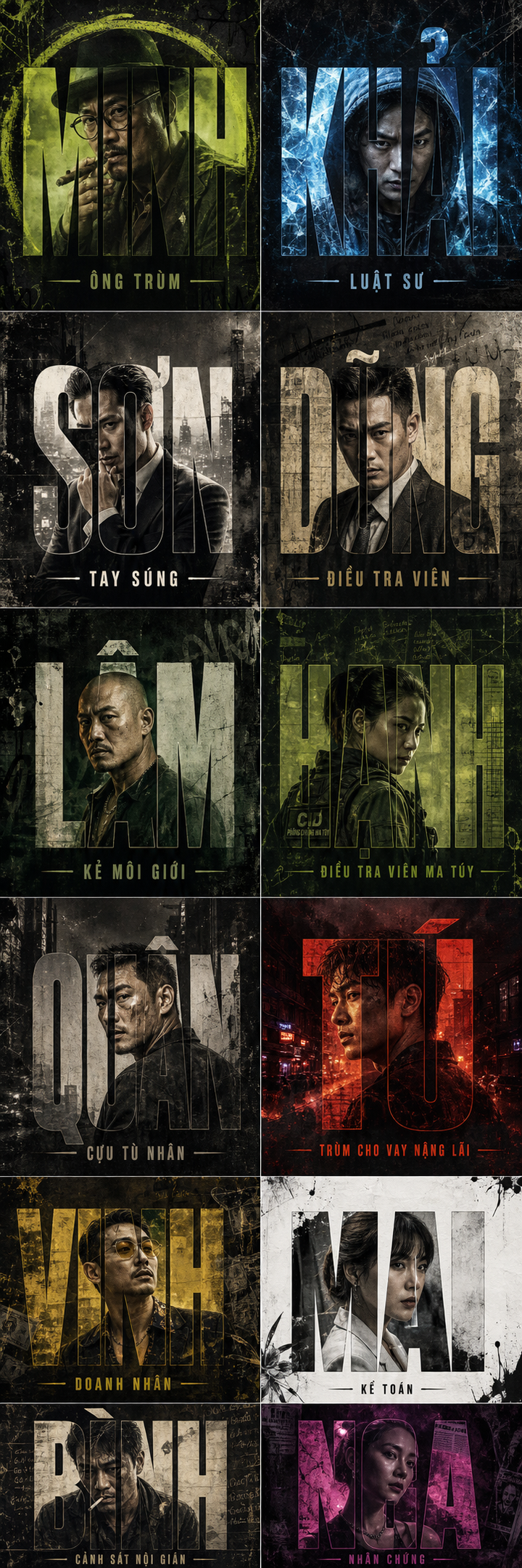 Poster tội phạm Việt Nam dạng lưới nhân vật điện ảnh