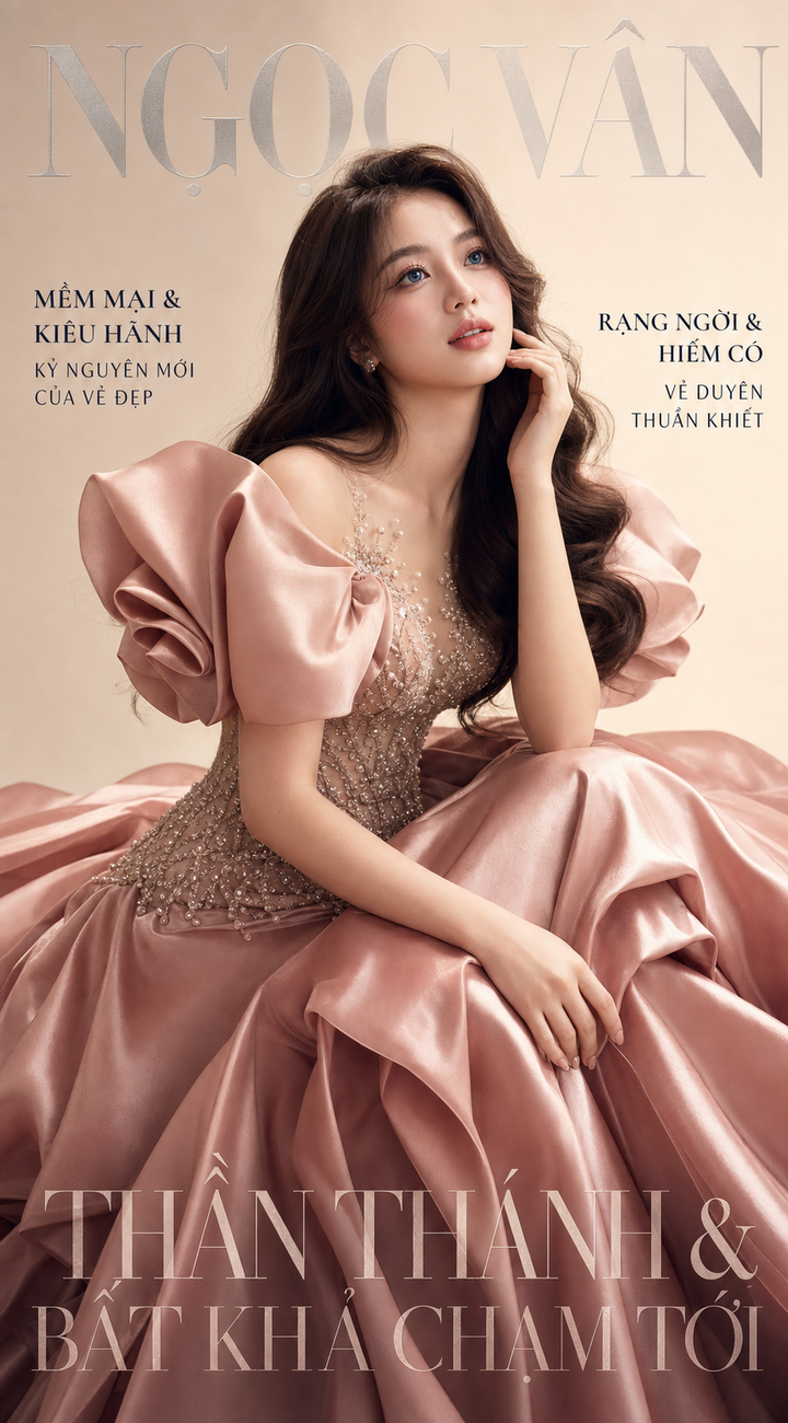 Bìa tạp chí thời trang với váy hồng satin sang trọng