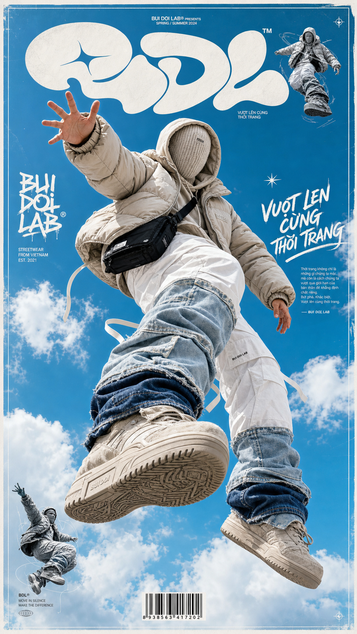 Poster thời trang streetwear với model lơ lửng
